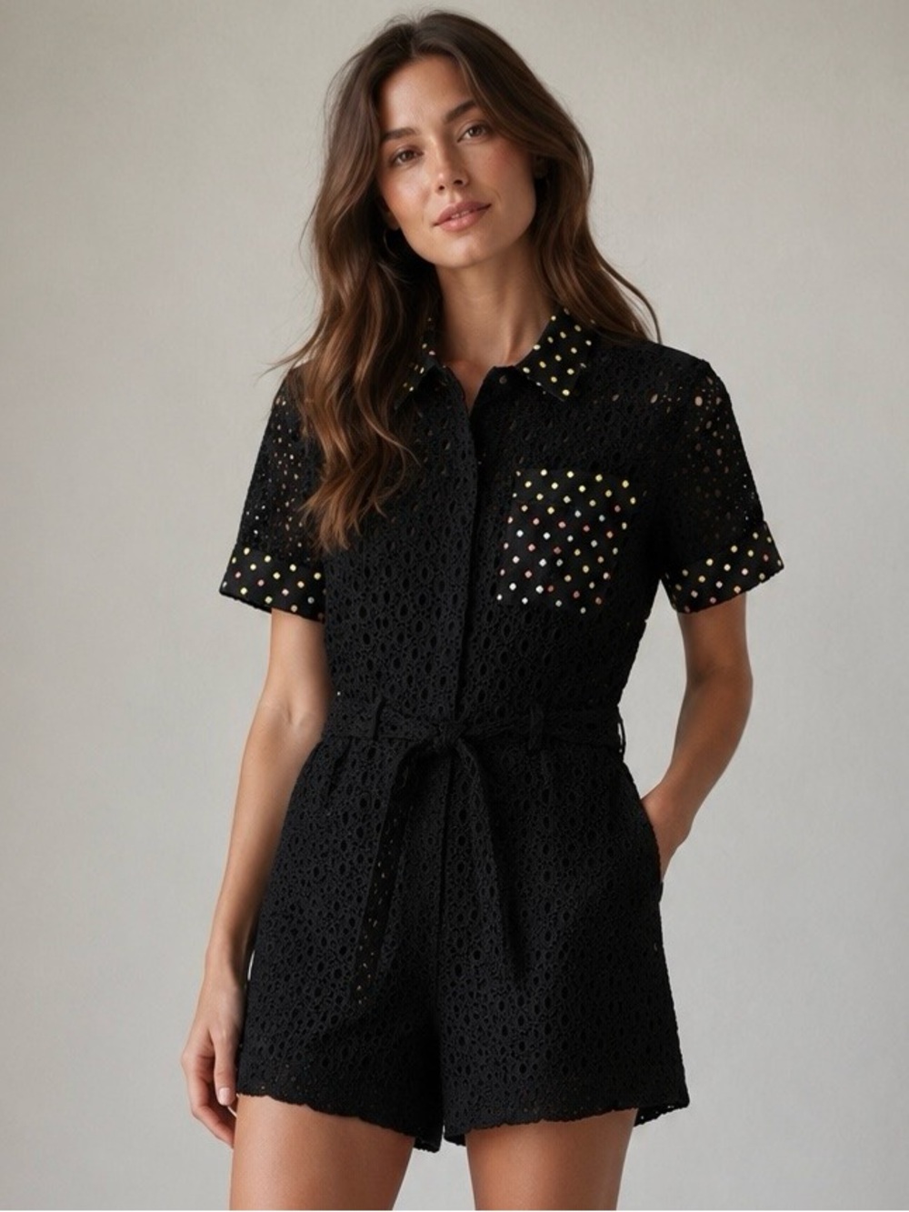Mary Katrantzou Size S Black Eyelet Shirt Sleeve Romper